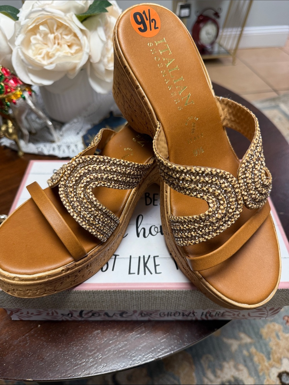 Italian Shoemakers Brown Beaded Cork-Platform Wedge Sandals